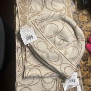 Coach Cream Logo Scarf and Hat Set